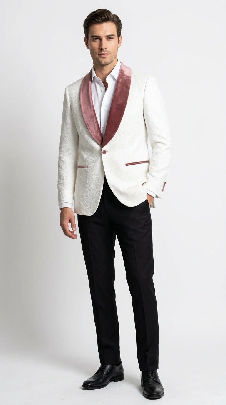 Men’s Ivory and Rose gold Floral Blazer – Elegant Shawl Lapel Formal Blazer Jacket for Wedding, Party, Prom
