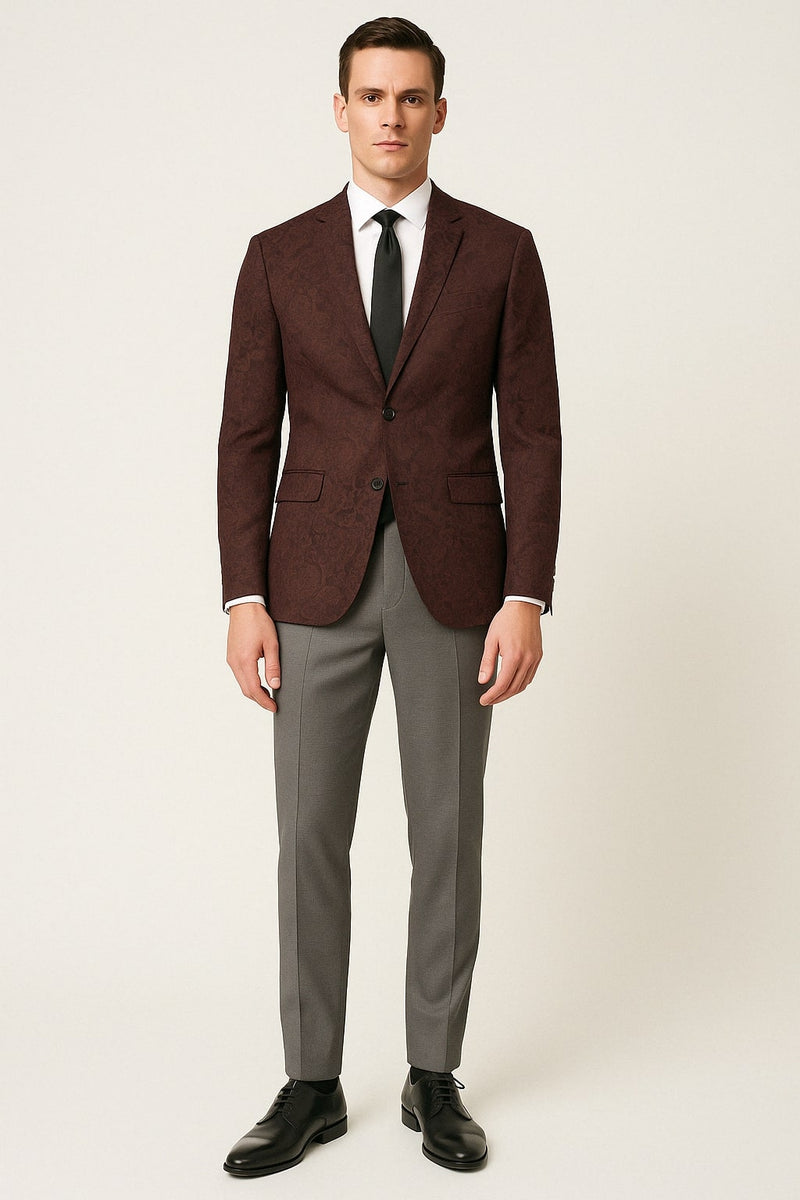 Men's burgundy & black paisley tuxedo blazer. Tailored fit, single-button, notched lapels, front pockets. Intricate paisley pattern. Long sleeves, buttoned cuffs, smooth lining.
