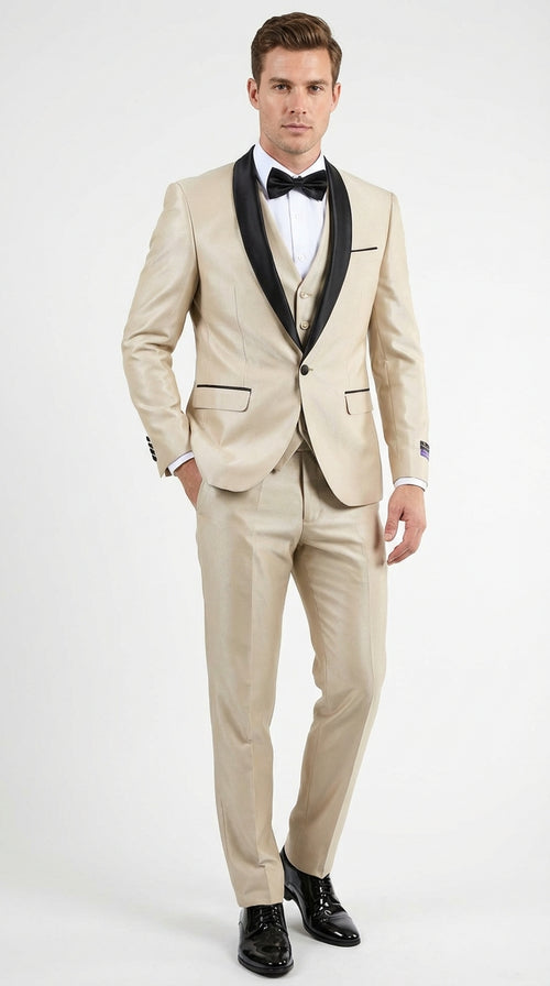 Men’s Champagne Beige Shiny Tuxedo 3 Piece Suit with Black Shawl Lapel | Formal Wedding Prom Suit Set in Sand Light Tan Color
