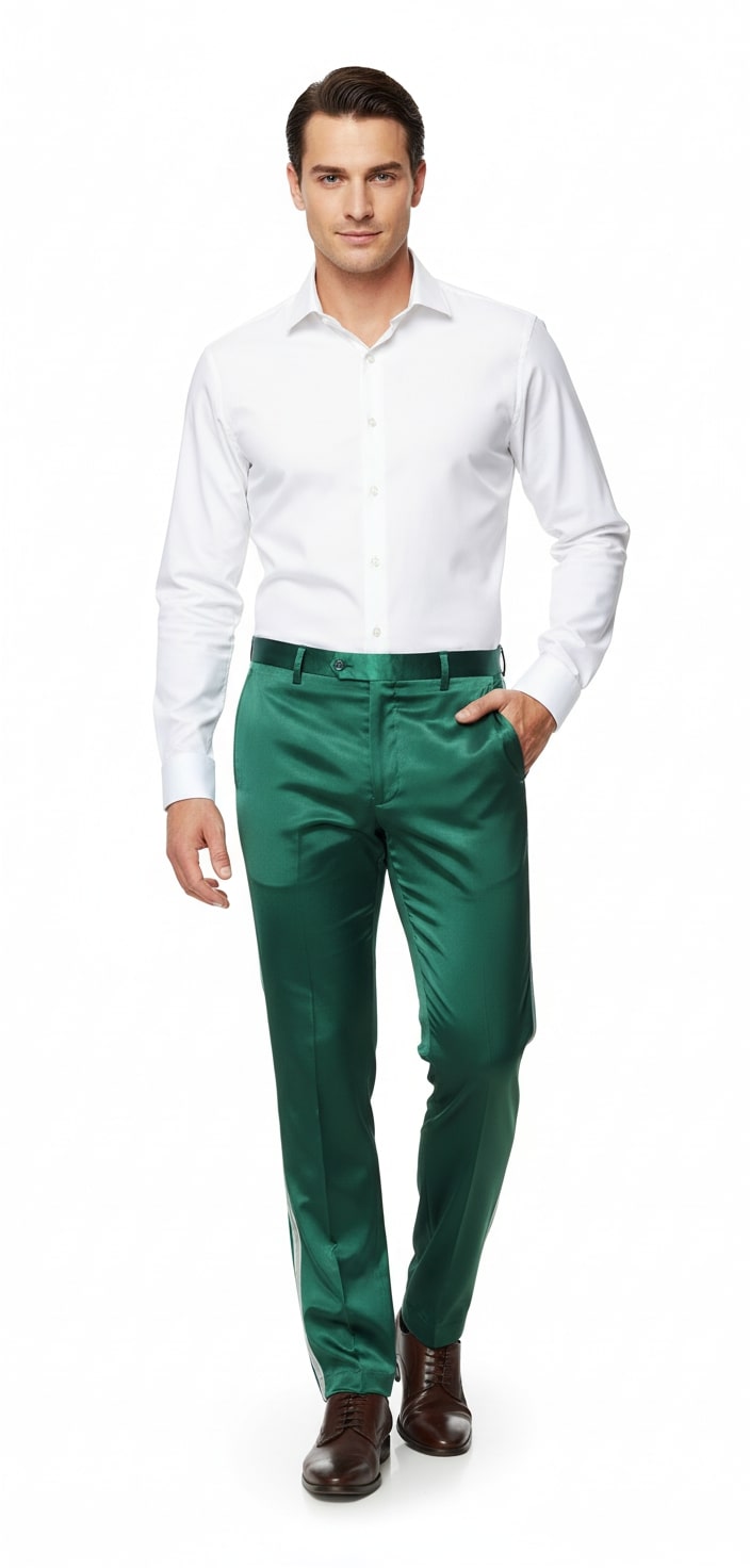 Emerald green satin dress pants. Slim fit, straight-leg, and shiny. Tailored with button closure waistband. Perfect for formal events.
