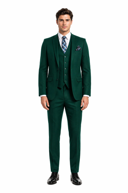 Mens Forest Green 3 Piece 2 Button Slim Fit Suit