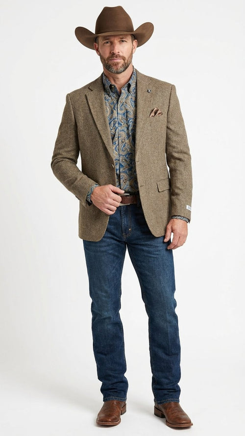 Men’s Brown Taupe Western Blazer Jacket – Classic Cowboy Style Sport Coat for Wedding