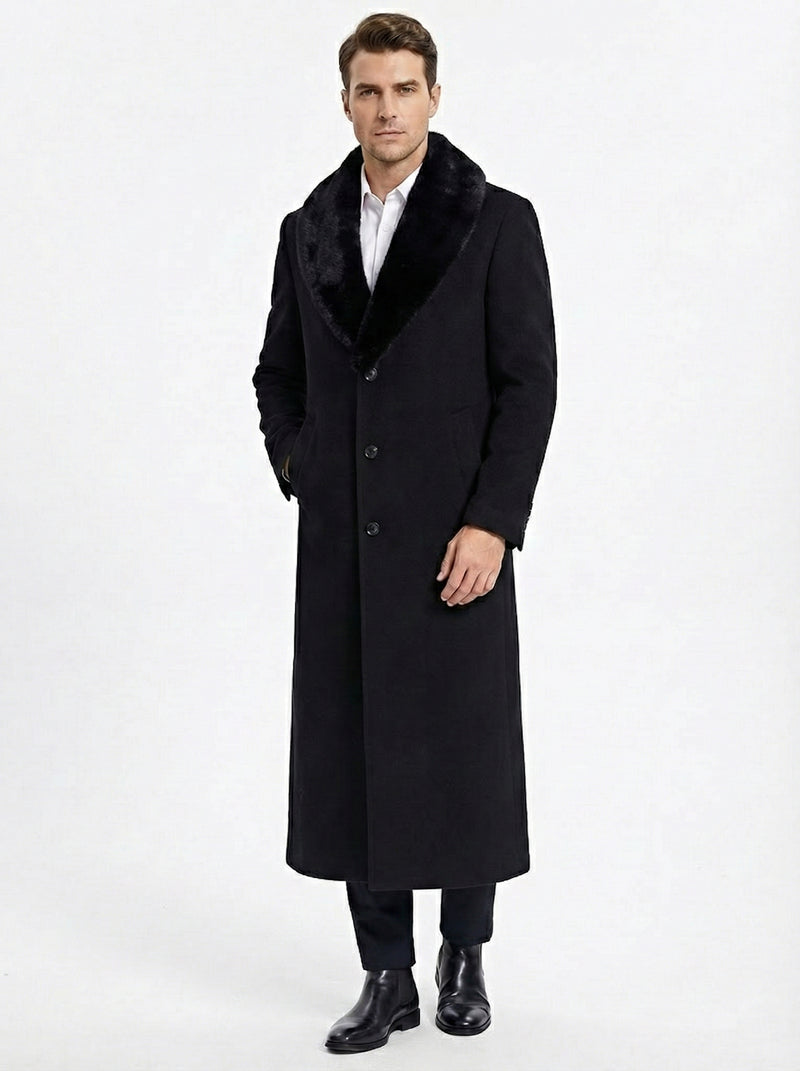 Mens Black Long Overcoat with Faux Fur Collar, Full Length Winter Topcoat for Formal and Business Wear