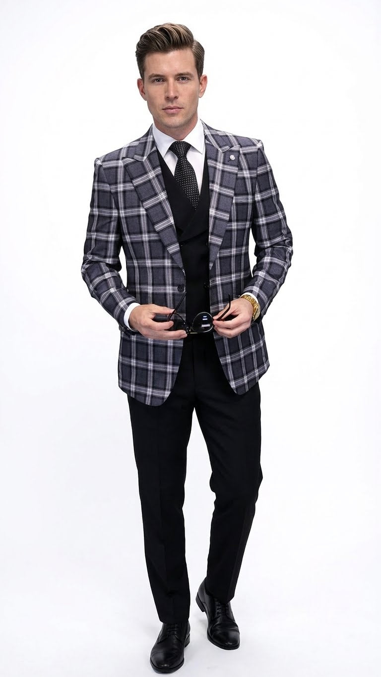 Men's big & tall charcoal/black plaid blazer. Structured, tailored fit. Gray & black square pattern. Two front pockets, two-button closure, standard lapels. Modern design.