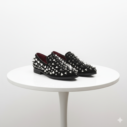 Black men's loafers with silver studs. Slip-on style, suede-like material, smooth front, low block heel. Red interior lining for a luxurious contrast.