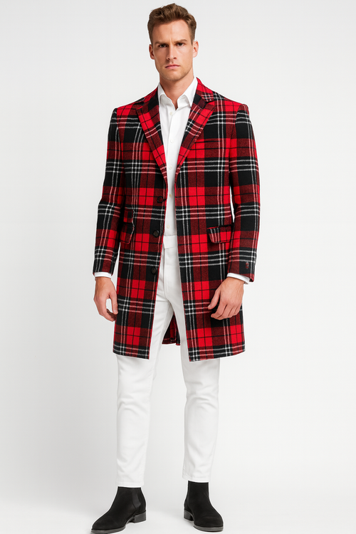 Men's red plaid wool overcoat. Classic tartan check pattern in red, black, and white. Long design with peak lapels and two front pockets.