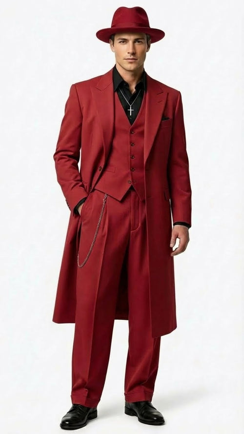 Men's 1920s red zoot suit: long coat, vest, and wide-leg trousers in solid red. Fitted coat, front pockets. Includes chain accessory and wide-brimmed red hat. Sleek design.