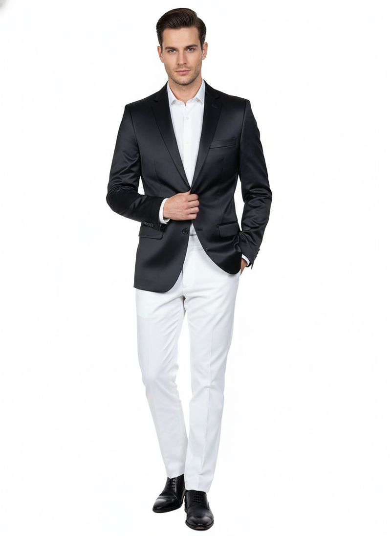 Men's black satin blazer. Slim fit, two-button closure, single-breasted. Smooth, shiny fabric for a classic look.