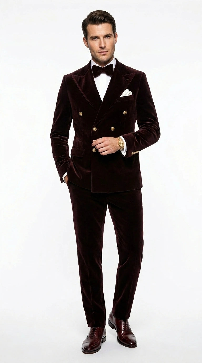 Men’s Dark Brown Velvet Blazer and Pants 2 Piece Suit, Double Breasted Formal Dinner Suit for Weddings, Prom