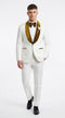 Menâs White Paisley 3 Piece With Vest Prom Tuxedo with Gold Velvet Shawl Lapel, Formal Wedding Suit Set