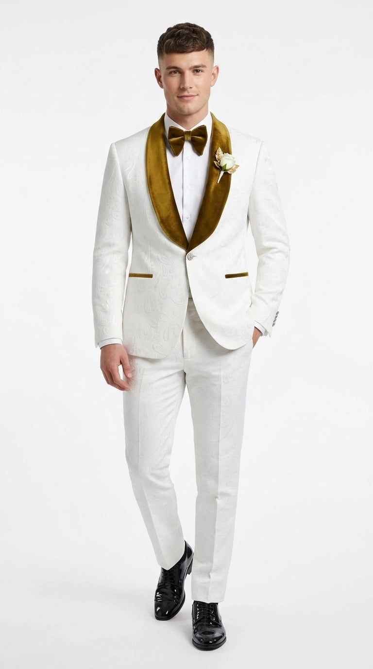Men’s White Paisley 3 Piece With Vest Prom Tuxedo with Gold Velvet Shawl Lapel, Formal Wedding Suit Set