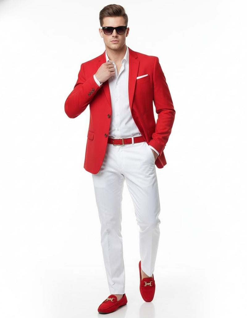 Men's outfit: bright red blazer (tailored fit, single-breasted) with white straight-cut pants. Includes red belt and loafers. Smooth blazer fabric, lightweight pants material. Coordinated look.