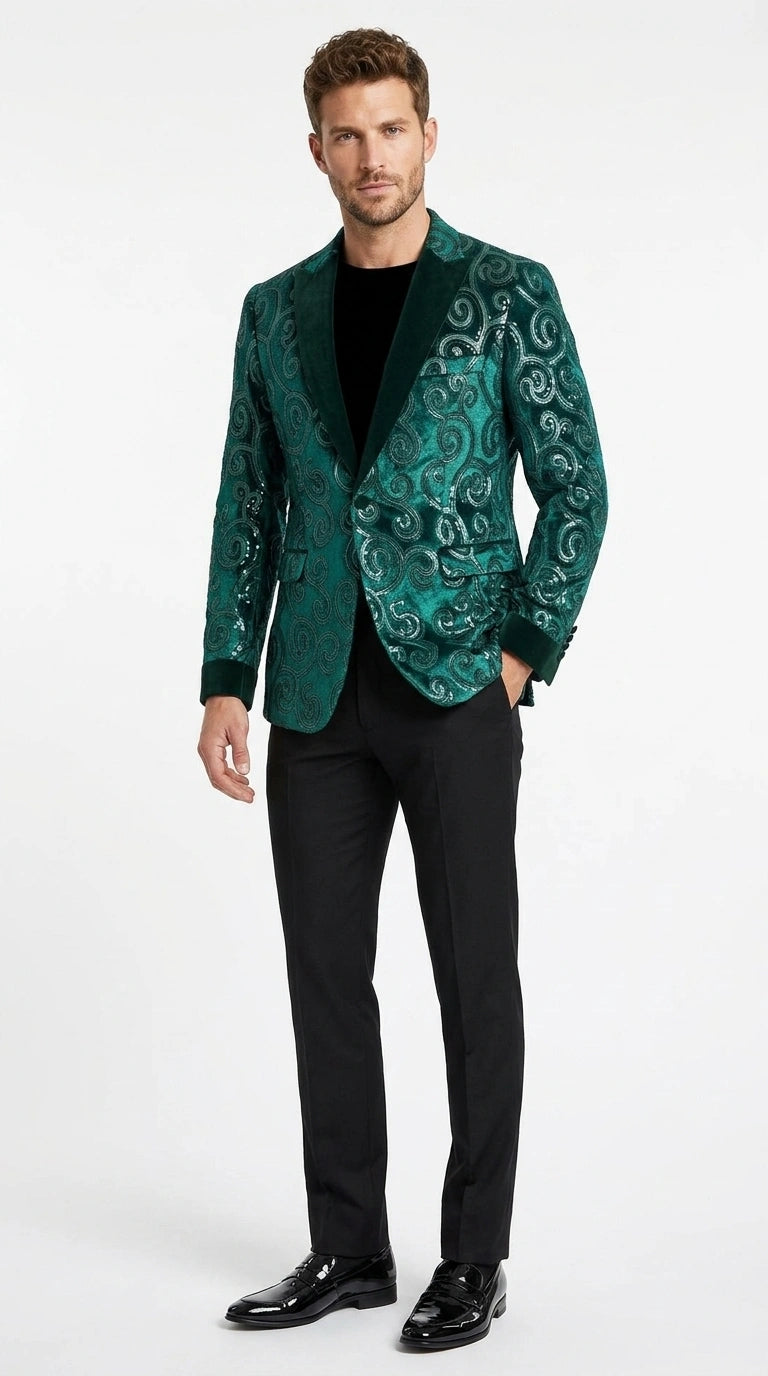 Men’s Emerald Green Paisley Tuxedo Dinner Jacket with Black Lapel, Formal Prom Wedding Party Blazer