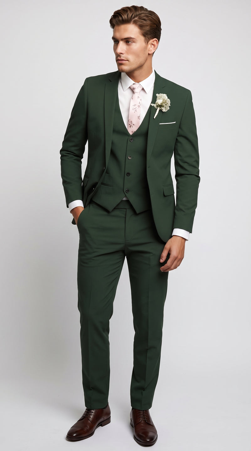Men’s Forest Green 3 Piece Wedding Suit, Formal Groom Groomsmen Dress Suit Set