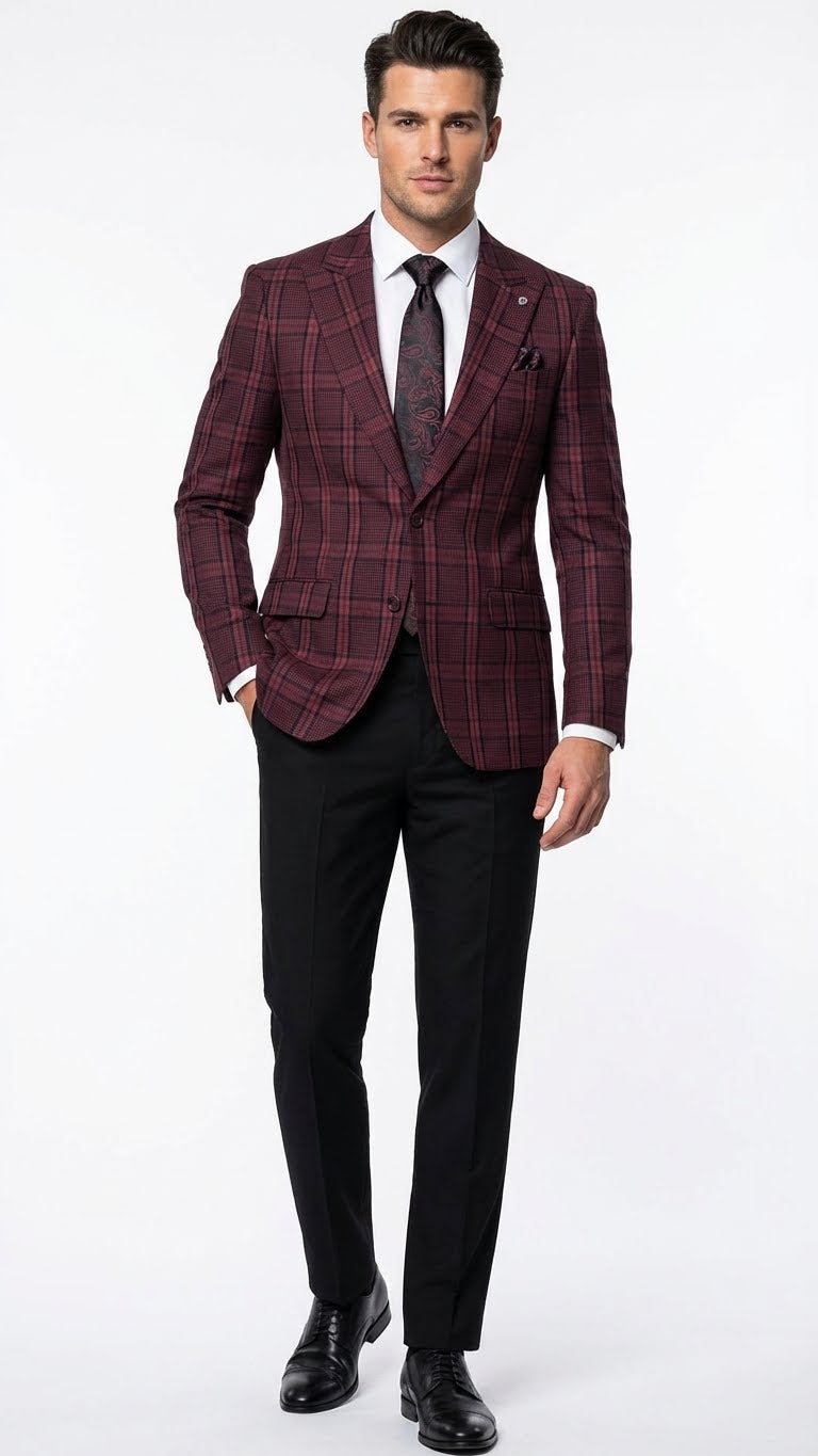 Alberto Nardoni men's burgundy check blazer. Fitted, single-breasted design with notch lapels and two front pockets. Burgundy base with contrasting check pattern. Tailored appearance.
