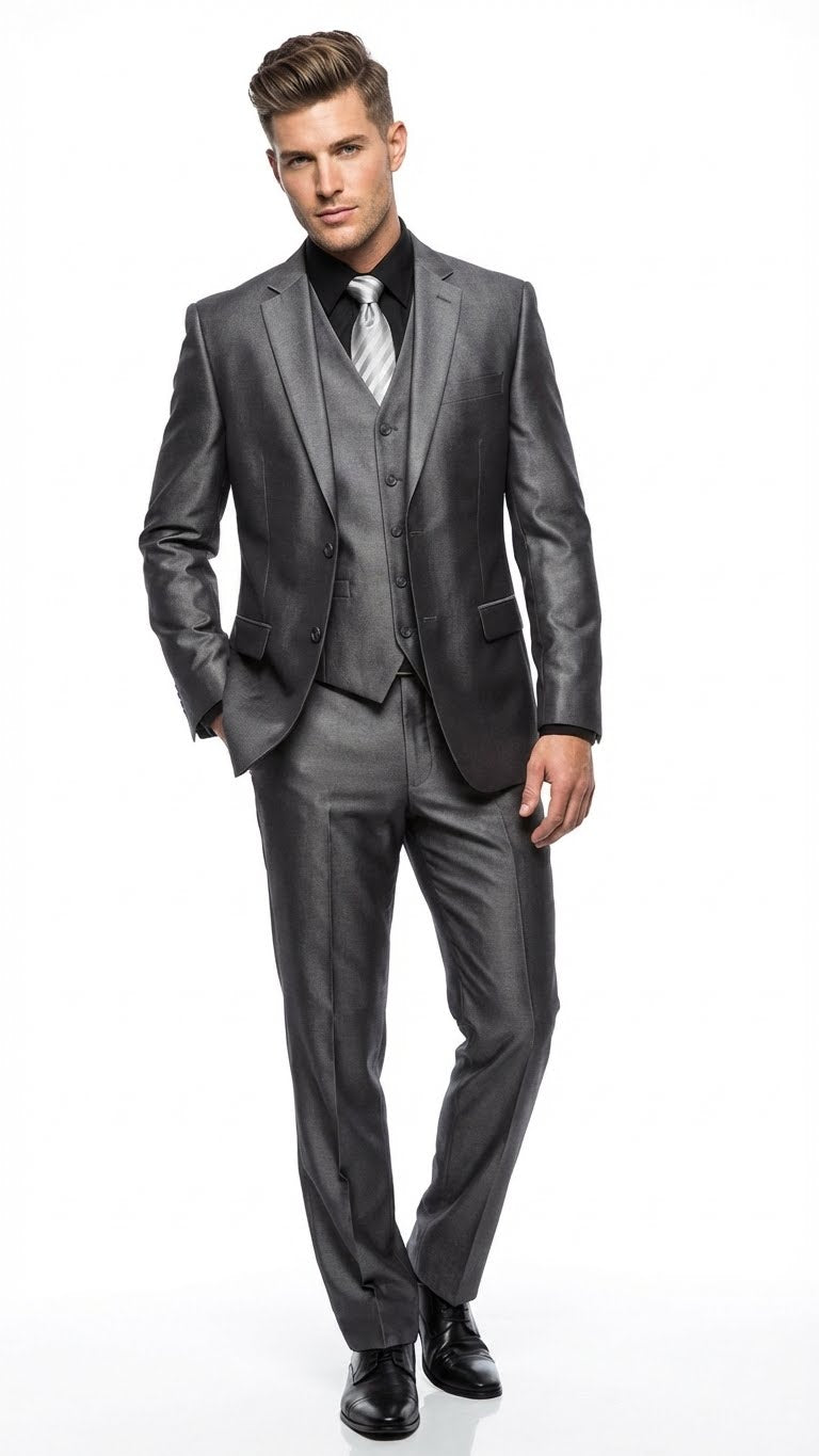 Charcoal gray men's suit with sheen. Tailored jacket, matching straight-legged trousers, and a gray vest. Modern fit, three-button closure, and notch lapels. Smooth, glossy fabric for a distinguished look.