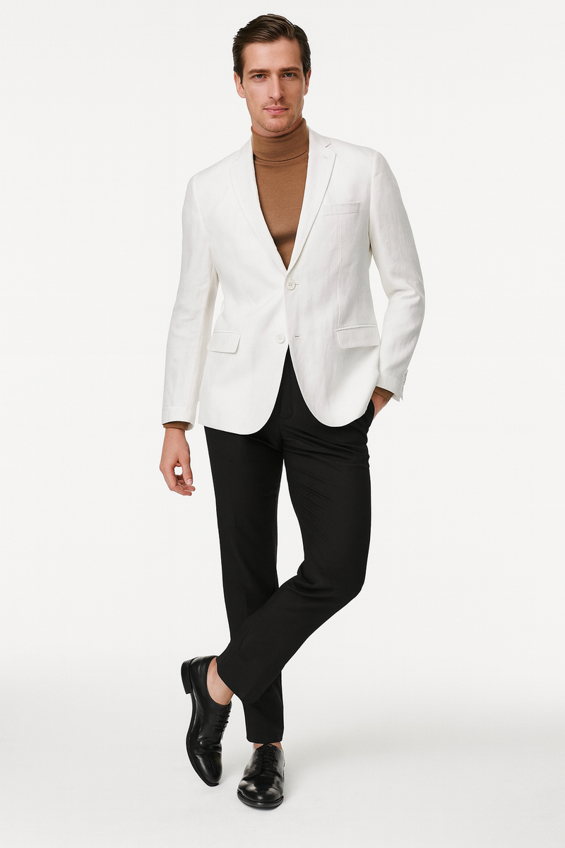 Men's white linen blazer: classic two-button closure, lightweight, and tailored fit. Features notch lapel, single chest pocket, and minimal design.