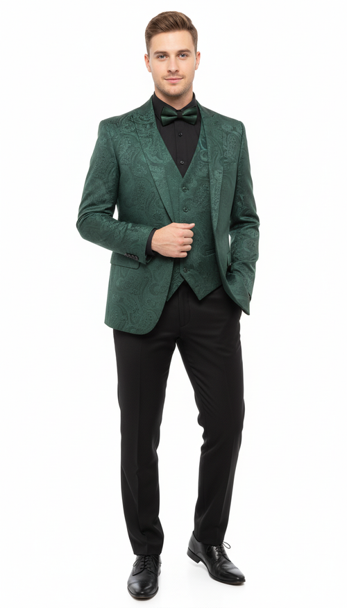 Emerald green paisley tuxedo. Slim fit, three-piece: blazer, vest, pants. Blazer: textured paisley. Vest: matching green. Pants: solid black. Includes black bow tie for a formal look.