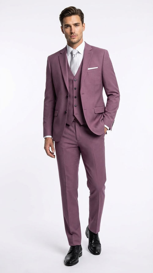 Men's slim-fit mauve three-piece suit: blazer (notch lapels, single-breasted), vest (3 buttons), and flat-front trousers. Formal, tailored design.