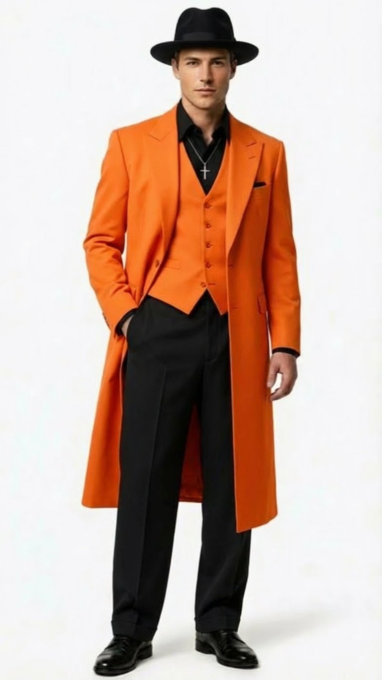 Men's Halloween costume: Orange long zoot suit with structured cut. Includes long coat, vest, and fitted trousers. Worn with black shirt and pants.