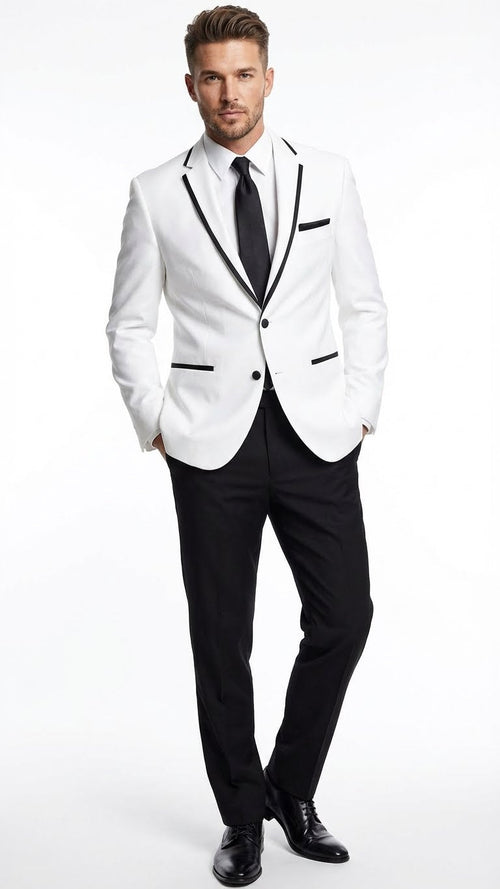 Men's white blazer with black trim, notched lapel, and a smooth finish. Single-breasted design. Paired with black trousers and a tie for a formal look. Lightweight material.