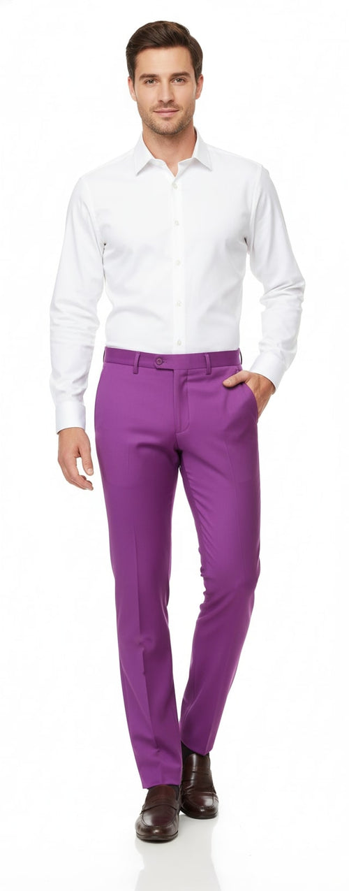 Men's slim fit, light purple dress pants. Tailored silhouette, smooth finish, and slight sheen. Lightweight fabric, belt loops, front pockets, and front leg crease.