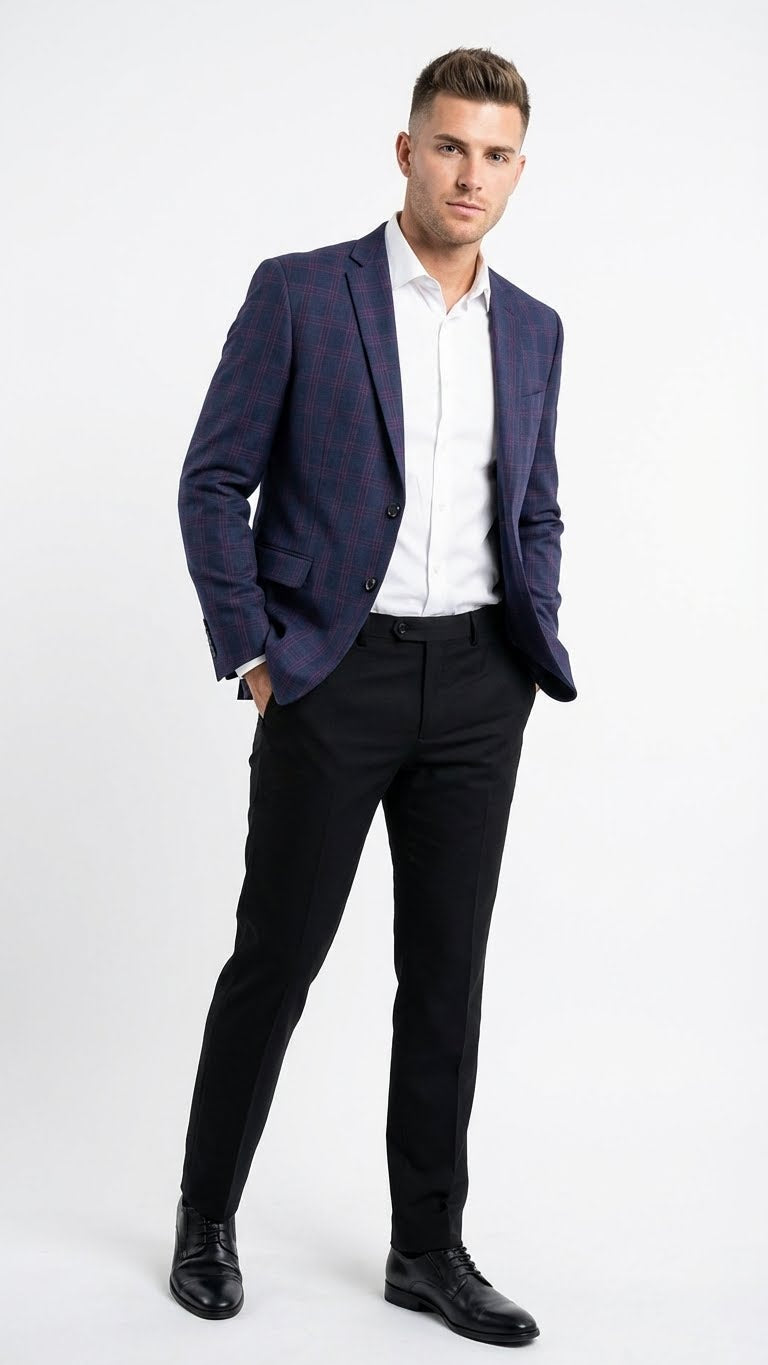 Men's big & tall navy jacket with burgundy plaid, two-button front, notch lapels. Smooth fabric, worn over a white shirt.