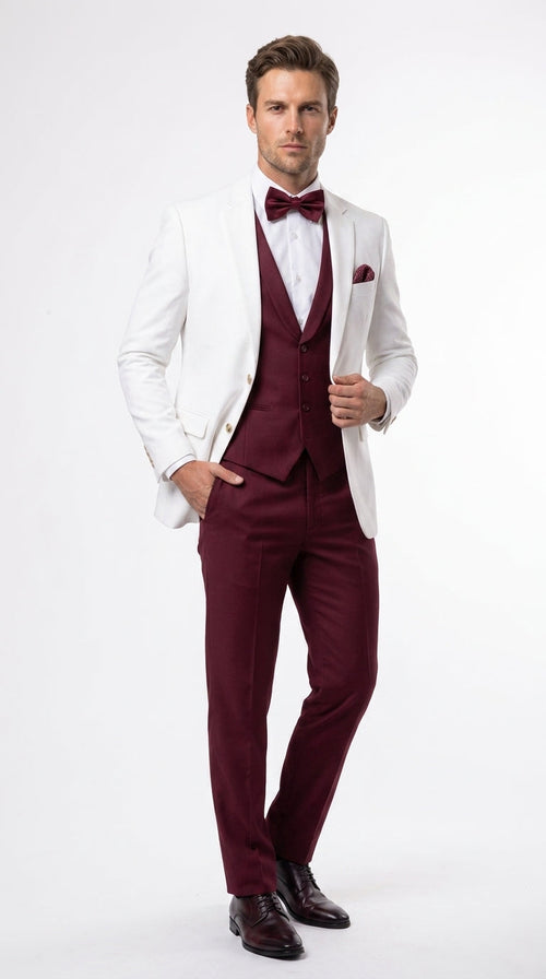 Menās White and Burgundy 3 Piece Tuxedo Suit, Vested Formal Wedding Prom Dinner Suit Set bowtie included