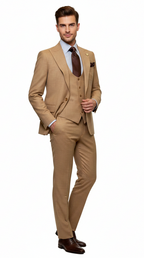 Men's tan three-piece suit: fitted jacket, double-breasted vest, tailored trousers, textured fabric. Includes light blue shirt, dark brown tie, pocket square.
