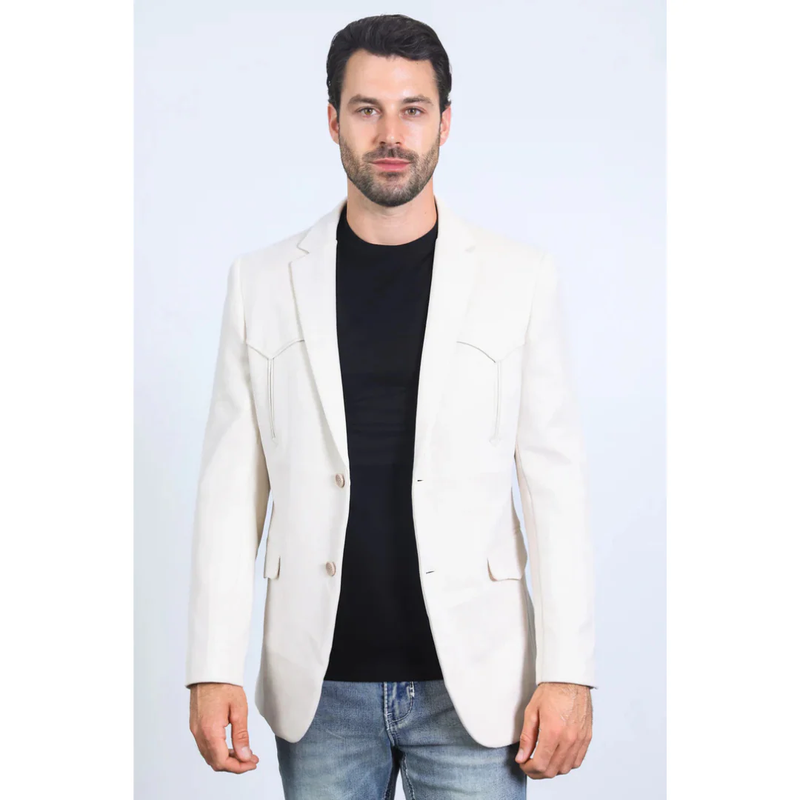 Mens Double Buttons Faux Suede Blazer - Off White