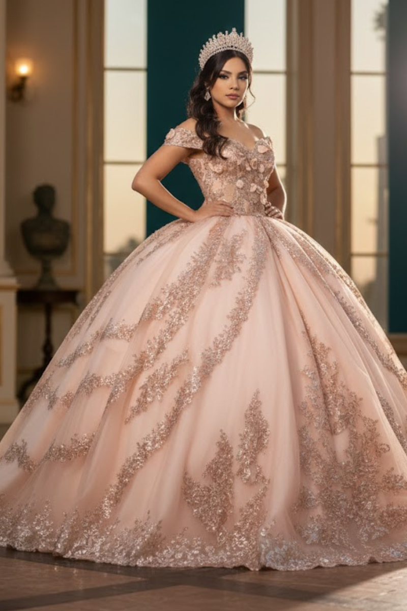 Off the Shoulder QuinceaƱera Ball Gown with Sequins 3D Floral Lace Sweet 16 Dress by Layla K LK285