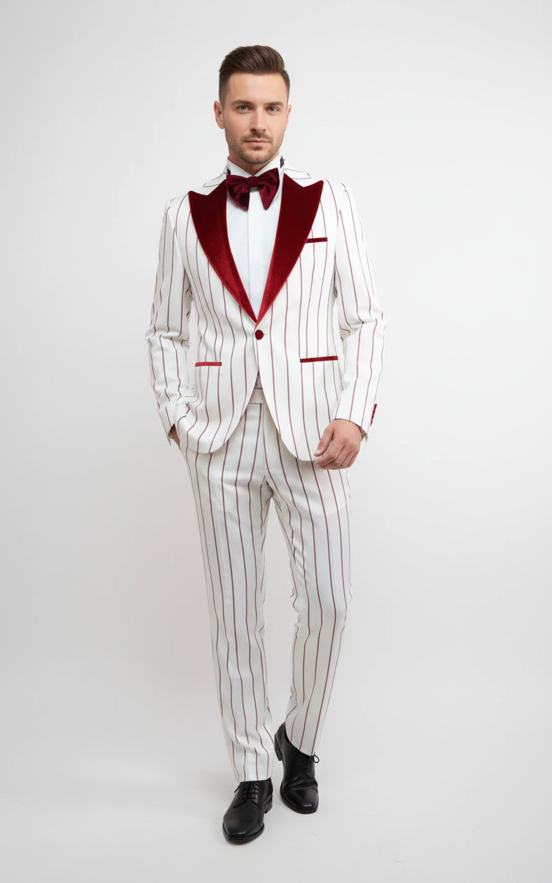 White tuxedo with dark red pinstripes and velvet shawl lapel. Single-button closure, red pocket trim. Matching slim-fit trousers.