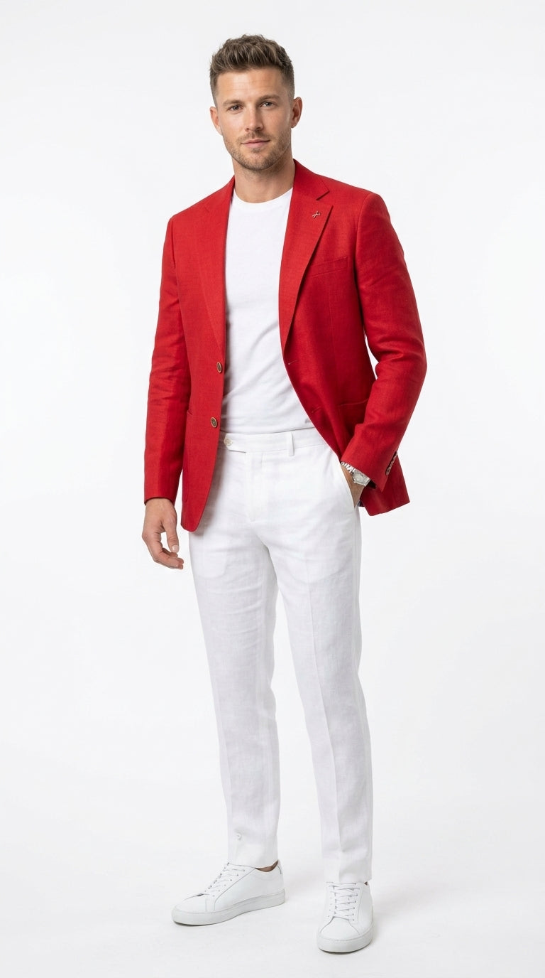 Men’s Red Linen Blazer, Lightweight Business Casual Wedding Sport Coat Jacket