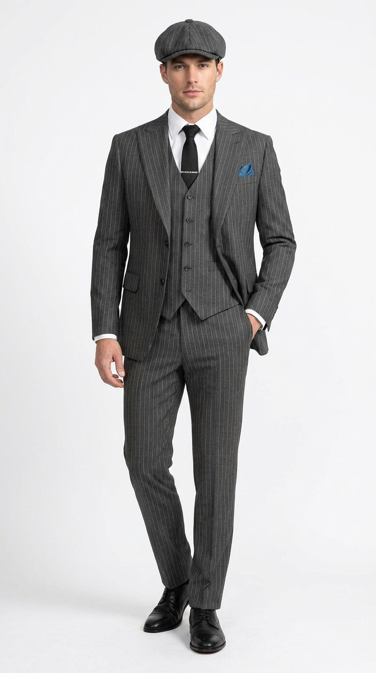 Men’s Thomas Shelby Peaky Blinders Gray Wool Suit Out fit Charcoal Grey Pinstripe 3-Piece Vintage 1920s Suit