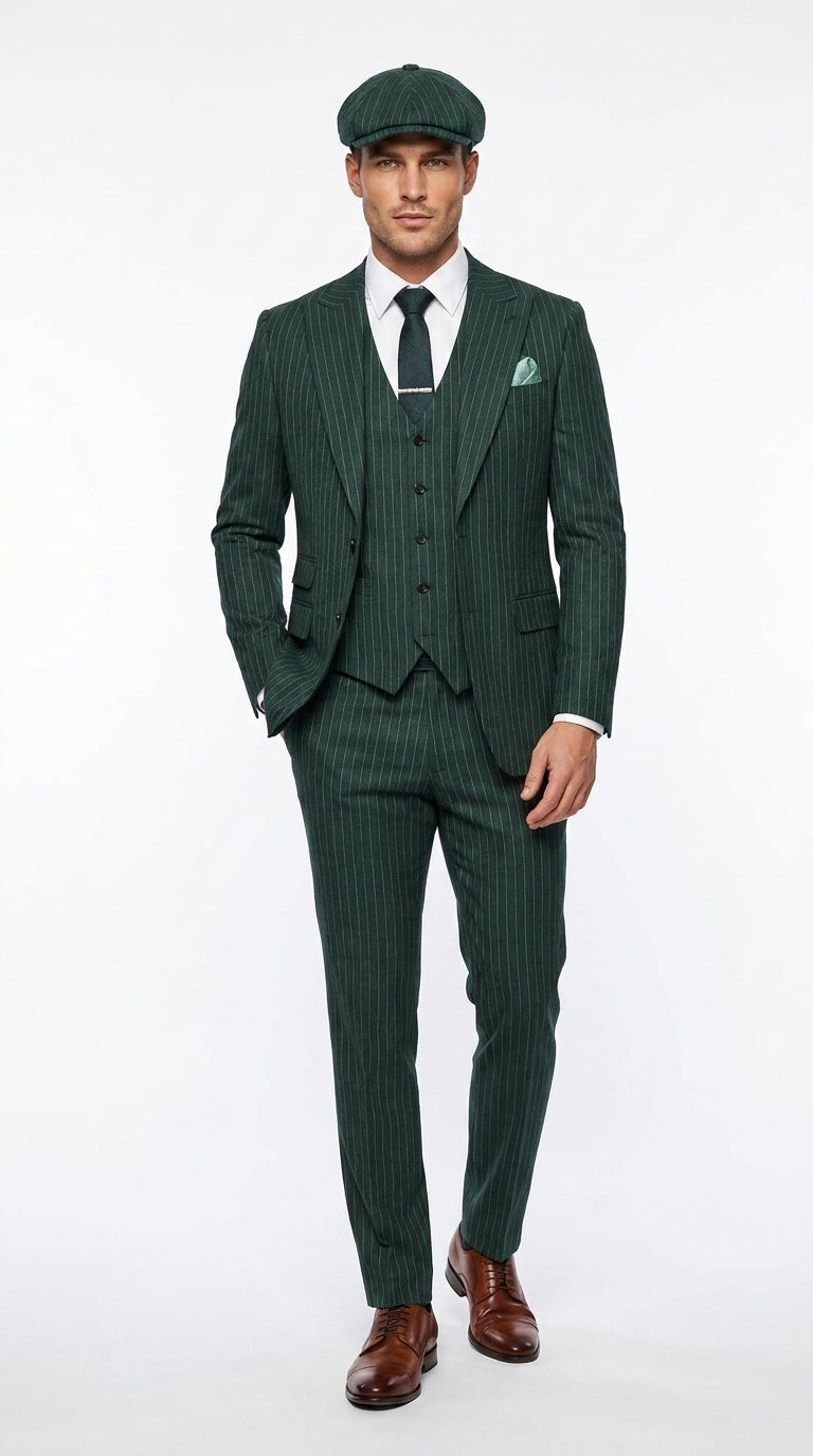 Men’s Hunter Green Pinstripe 3-Piece Suit – Vintage Wedding, Prom and Formal Suit with Matching Vest
