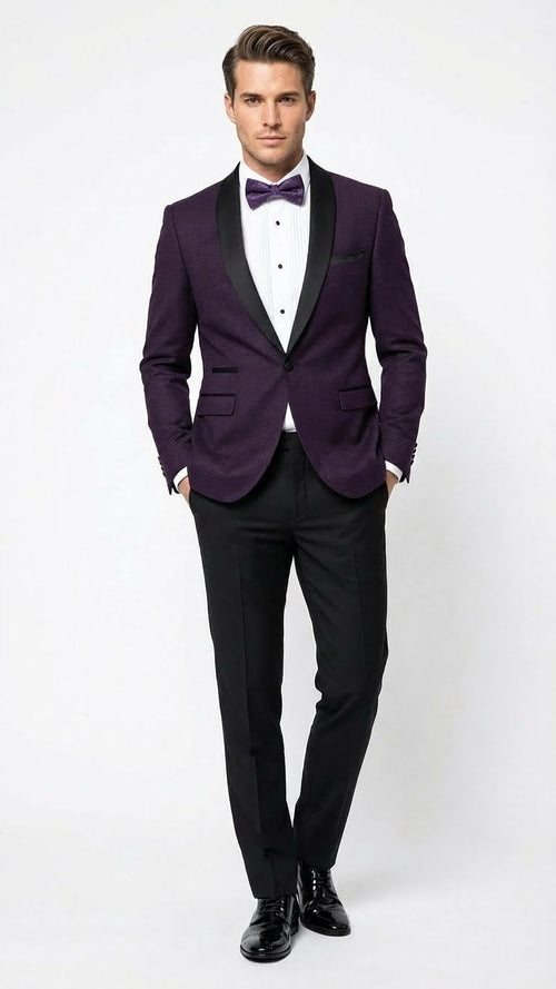 Men's eggplant purple tuxedo blazer: fitted, satin lapel, two pockets, single-button closure. Textured fabric. Stylish & formal.