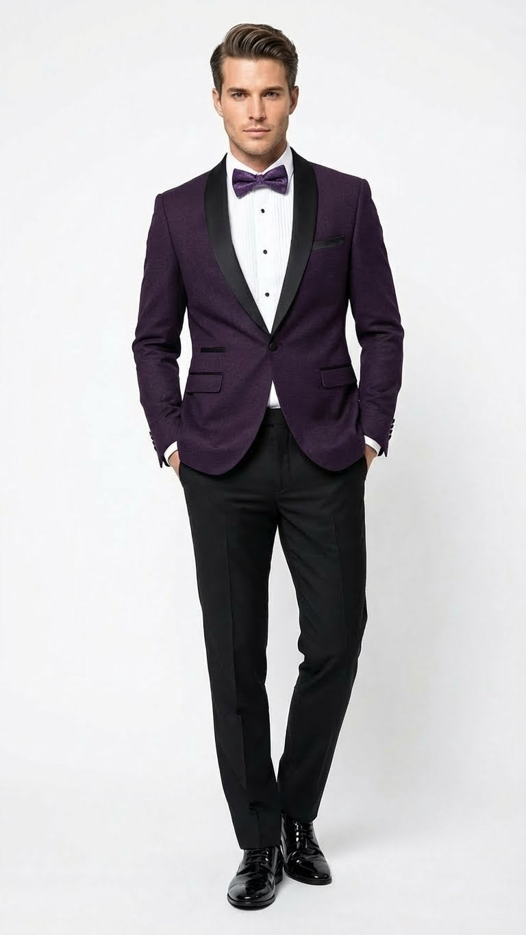 Mens Eggplant Plum Purple Tuxedo Blazer with Satin Lapel, White Tuxedo Shirt and Matching Purple Bow Tie - Slim Fitted - Prom wedding Suit With Pants | Alberto Nardoni Mens Eggplant Plum Purple Tuxedo Blazer with Satin Lapel, White Tuxedo Shirt and Matching Purple Bow Tie - Slim Fitted - Prom wedding Suit With Pants | Alberto Nardoni