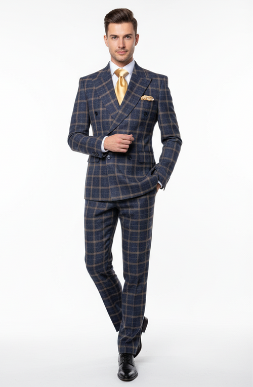 Dark blue double-breasted suit with a structured fit, sharp lapels, and plaid pattern in gold/khaki. Slim-fit trousers echo the design. Textured fabric and a matching pocket square complete the tailored look.