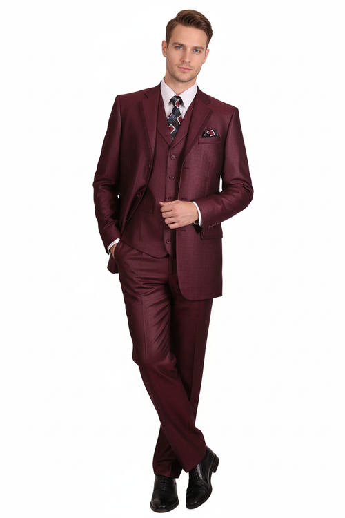 Alberto Nardoni men's burgundy 3-piece suit. Structured jacket with notch lapels, single-button closure, matching vest, and straight-leg trousers. Subtle sheen, solid pattern. Includes shirt and tie suggestions.