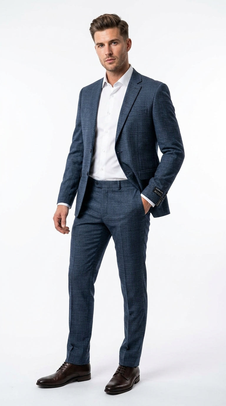 Men's Blue Micro Check Hounstooth small windowpane plaid 3-Piece Suit ā Vested Slim Fit Business, Wedding & Formal Suit