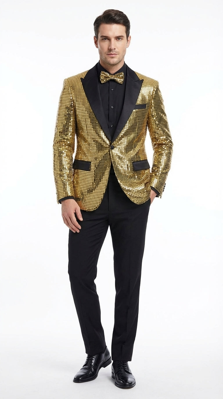 Mens Gold Sequin Blazer with Black Satin Lapel – Gold Formal Party Blazer Jacket for Prom, Wedding and Stage Events