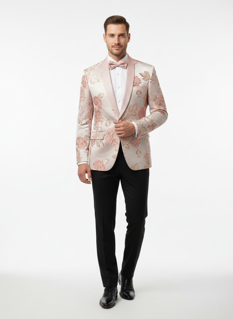 Men's pink floral jacquard blazer. Embellished shawl lapel, fitted shape, structured silhouette. Detailed pink floral pattern.