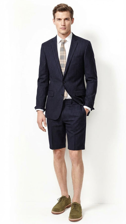 Men’s dark navy blue pinstripe suit featuring a structured blazer and matching shorts, constructed from a lightweight fabric. The blazer has notched lapels and two front pockets.