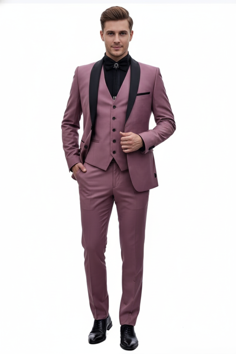 Men's Rose Pink Tuxedo Suit â Luxury Three-Piece Formal Wear with Black Satin Lapel Dusty Mauve Color
