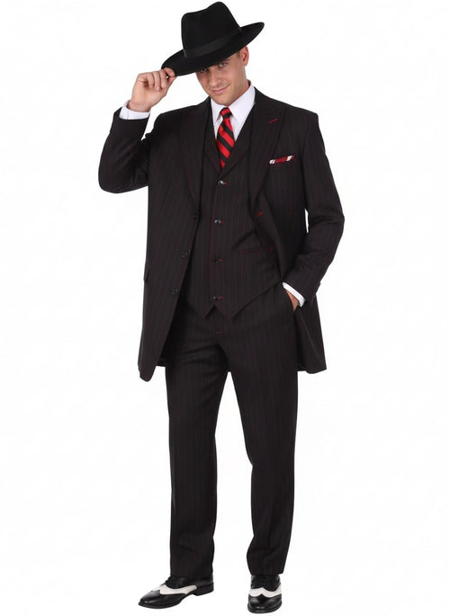 Men's black & red pinstripe zoot suit: 3-piece (jacket, vest, trousers). Dark fabric with vertical stripes, contrasting red details. Classic, bold design.
