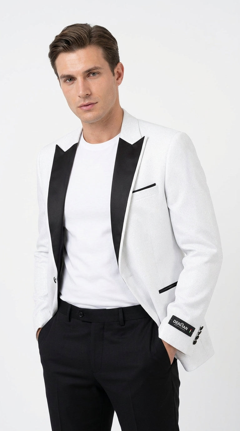 Men's White Sparkle Dinner Jacket – Black Satin Shawl Lapel Tuxedo Blazer Slim Fit Sequin Shiny Prom Jacket