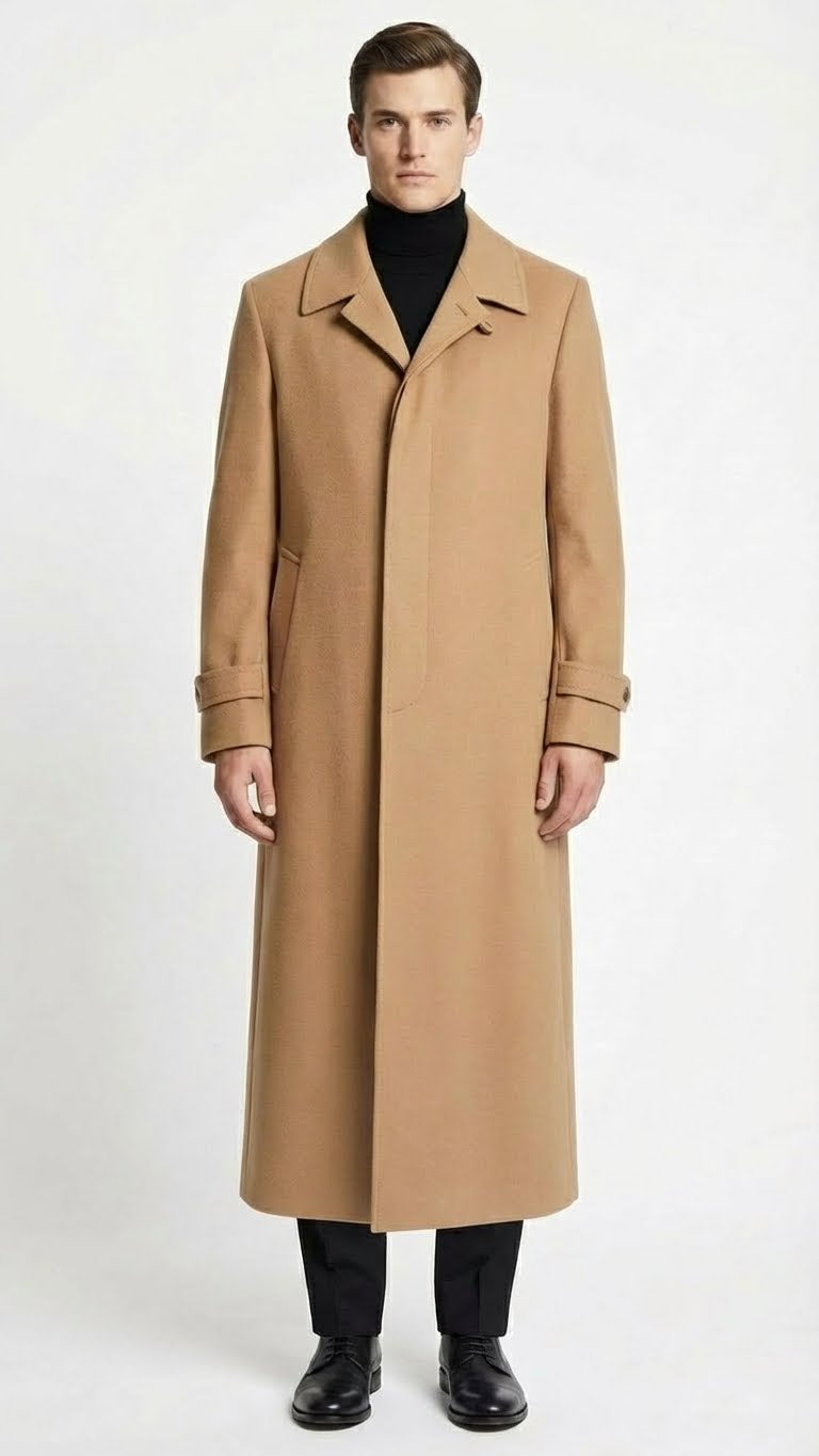 Men's full-length camel overcoat: straight cut, notched collar, single-breasted. Soft camel fabric. Side pockets, buttoned cuffs. Ankle-length.