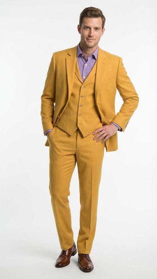 Mustard yellow three-piece men's suit: two-button blazer with notch lapel, waistcoat, and trousers. Modern fit, textured material, tailored design, subtle stitching, and sleek finish.