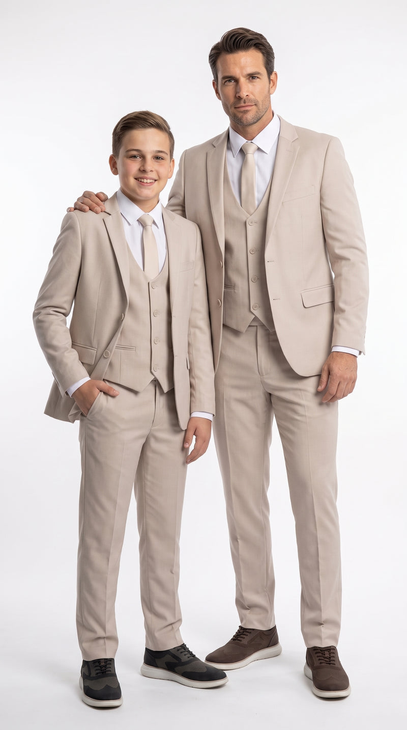 Dad & Son Matching Beige 3-Piece Suits ā Father and Son Wedding Formal Suits in Tan Color