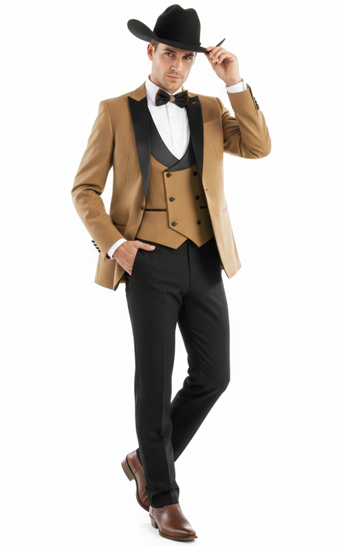 Tan 3-piece cowboy tuxedo. Features a black satin lapel, mocca vest, and black trousers. Includes bow tie and brown dress shoes for a Western-inspired formal look.